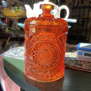 Vintage 8" Imperial Marigold Hobstar Sunburst Carnival Glass Cracker Biscuit Jar